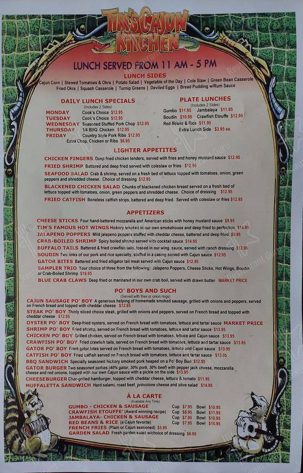 Menu at Tim's Cajun Kitchen restaurant, Huntsville