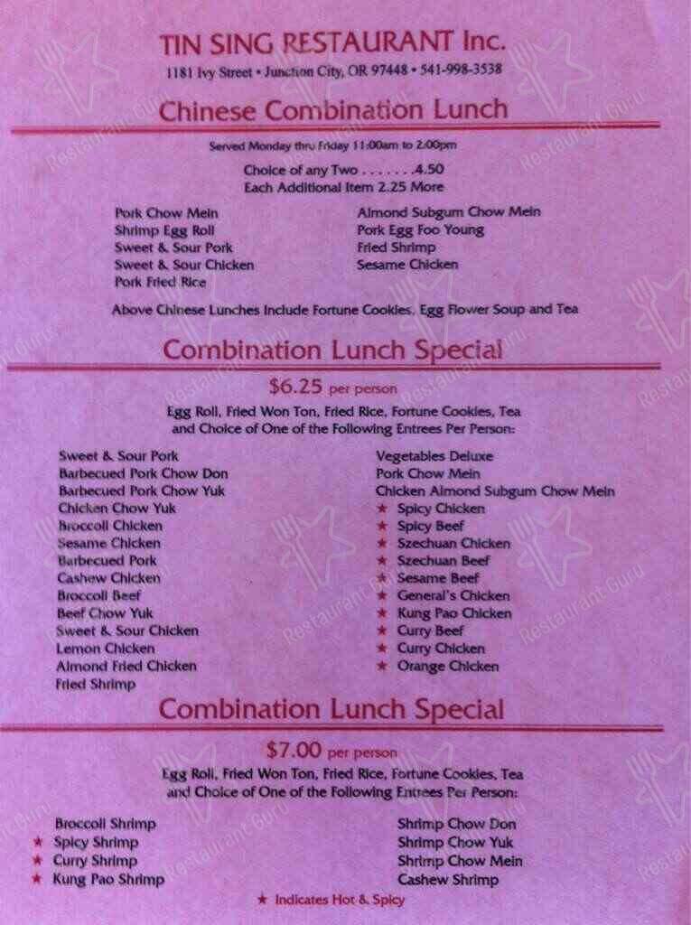 Menu at Tin Sing restaurant, Junction City