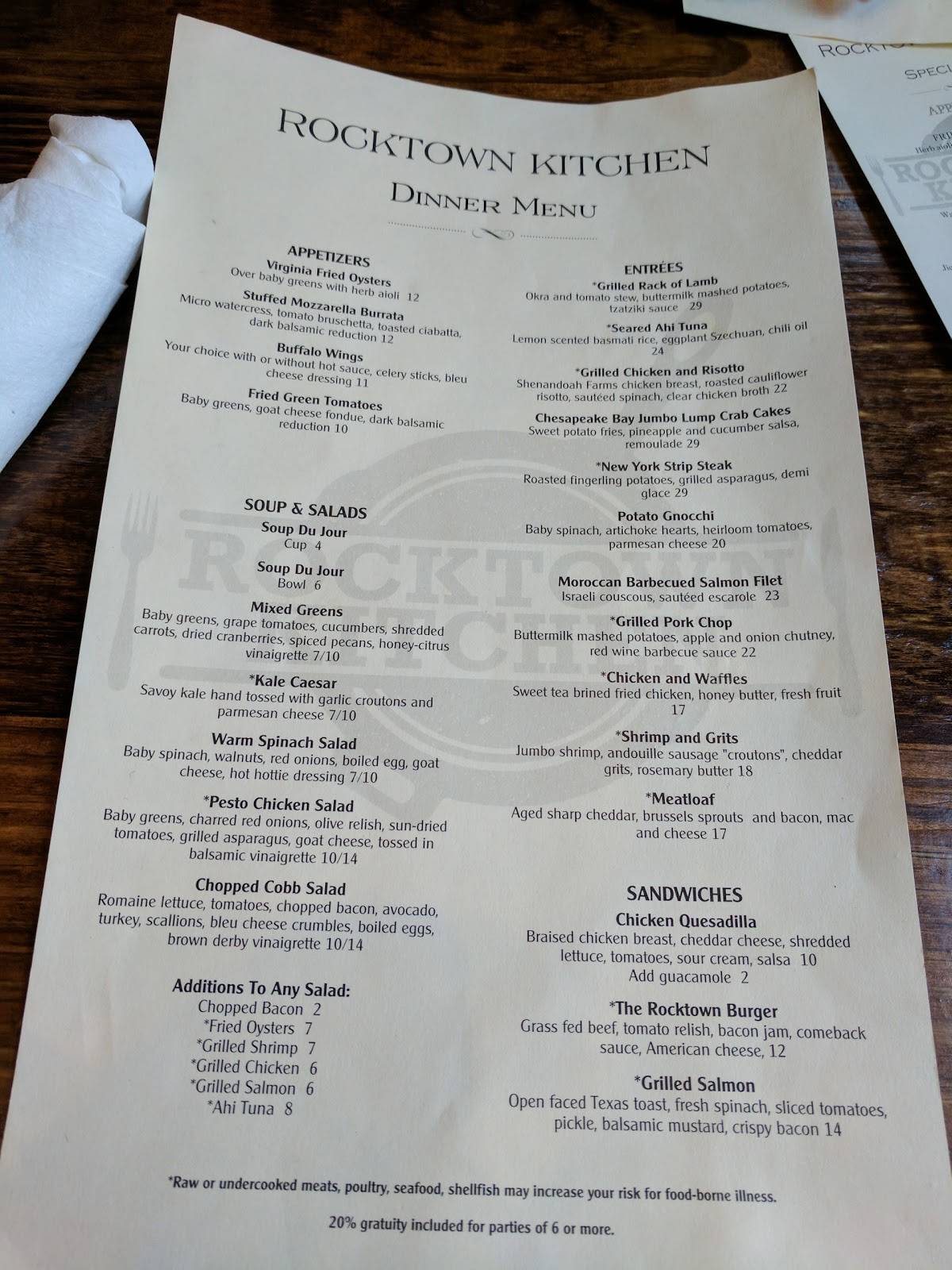 Menu at Rocktown Kitchen restaurant, Harrisonburg
