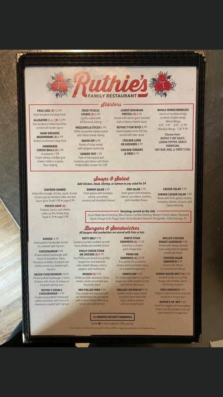 Menu at Ruthie's Family Restaurant, Rosebud