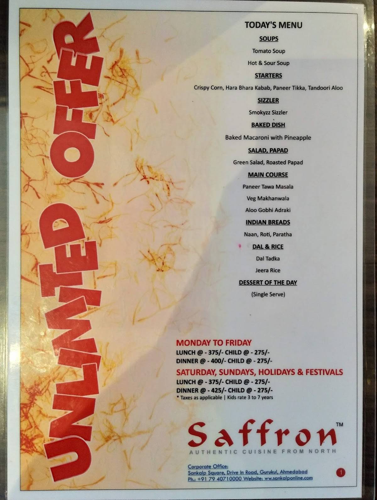 Menu at Saffron Restaurant, Ahmedabad, 101 Silver radiance