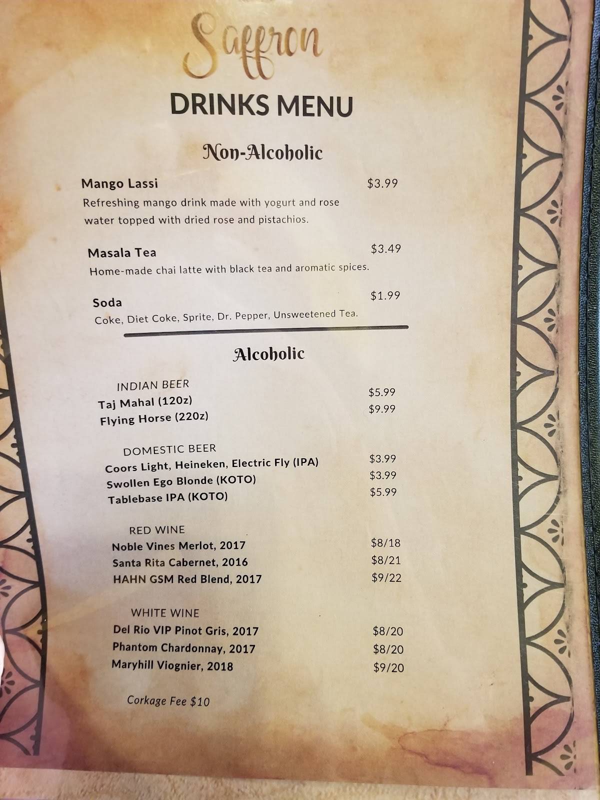 Menu at Saffron Twin Falls restaurant, Twin Falls
