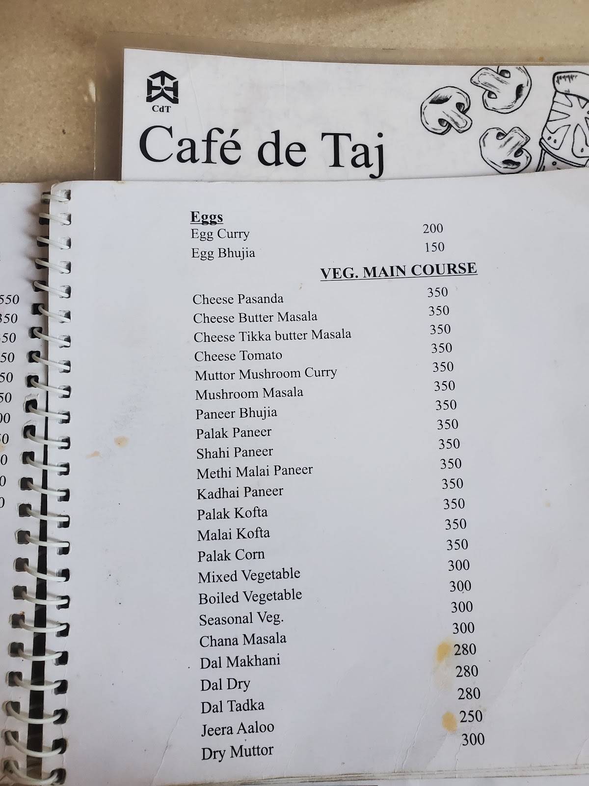 Menu at Café De Taj, Saharanpur