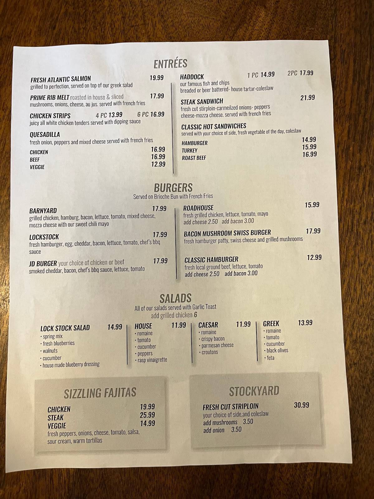 Menu at Lock Stock and Barrels, Saint John