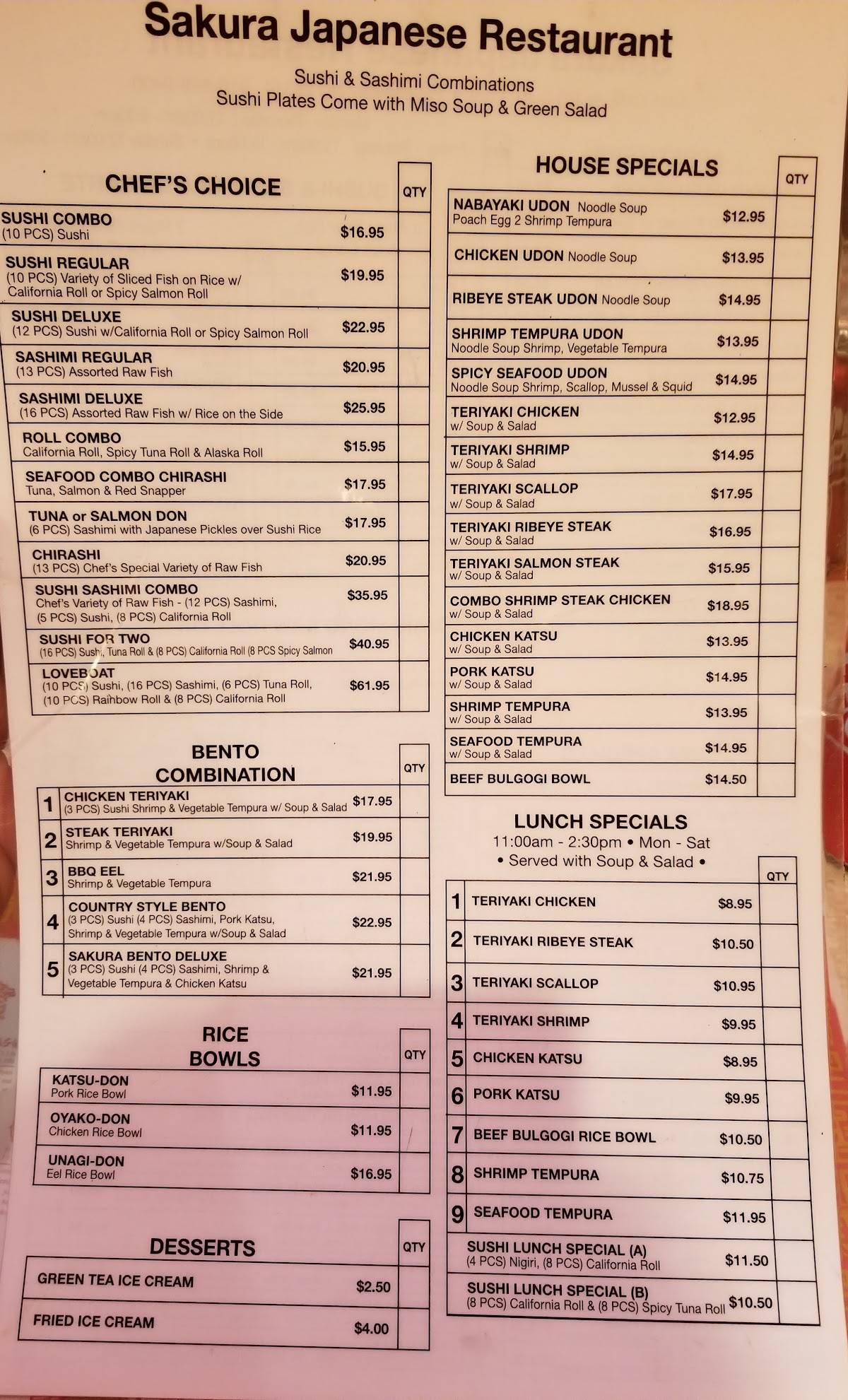 Menu at Sakura Restaurant, Fayetteville, Cliffdale Rd 1109