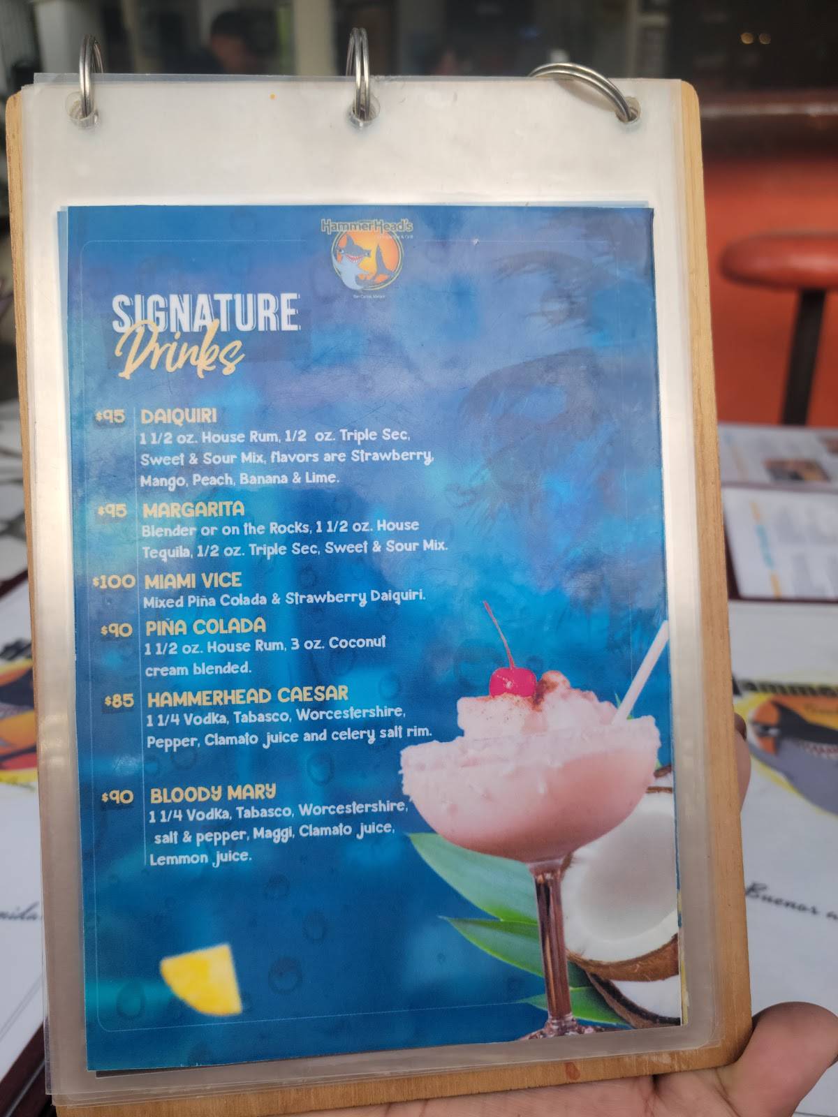 Menu at Hammerhead's pub & bar, San Carlos
