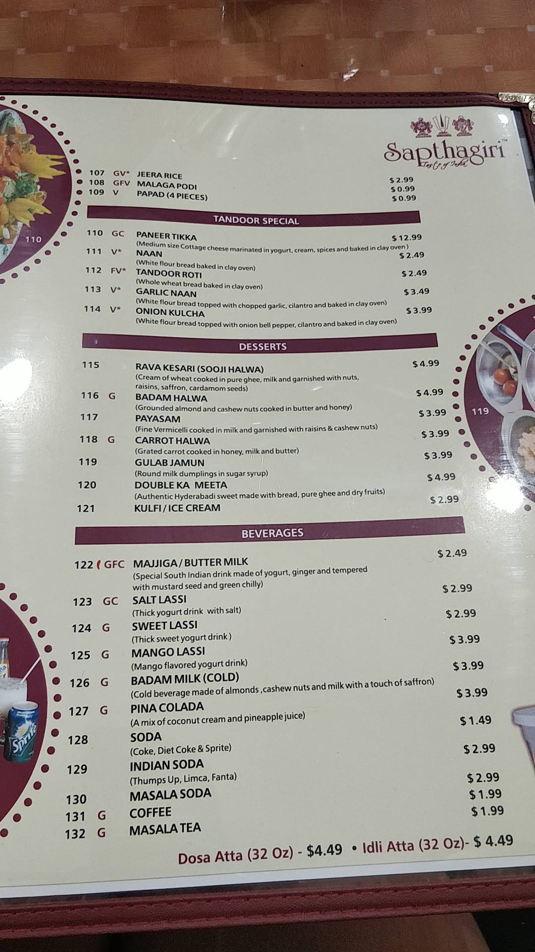 Menu at Sapthagiri Taste Of India restaurant, Jersey City