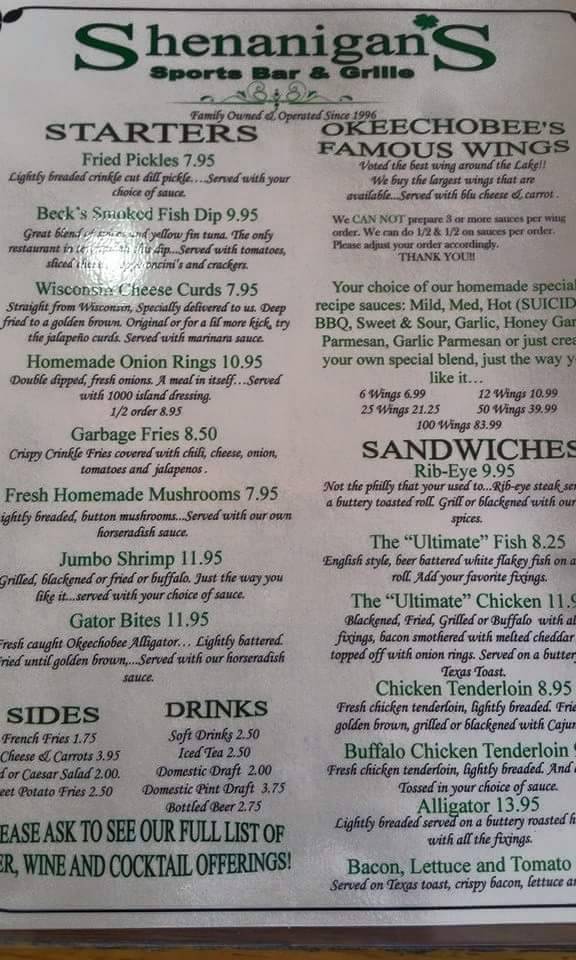 Menu at Shenanigans pub & bar, Okeechobee, US98