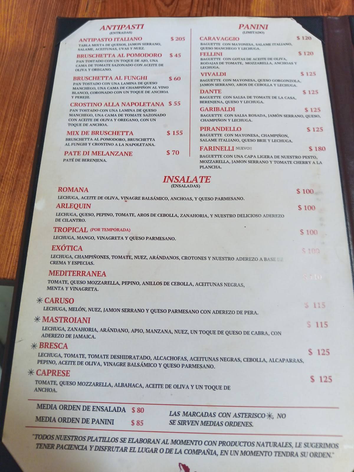 Carta del restaurante Spaghetteria La Piccola Italia, Morelia