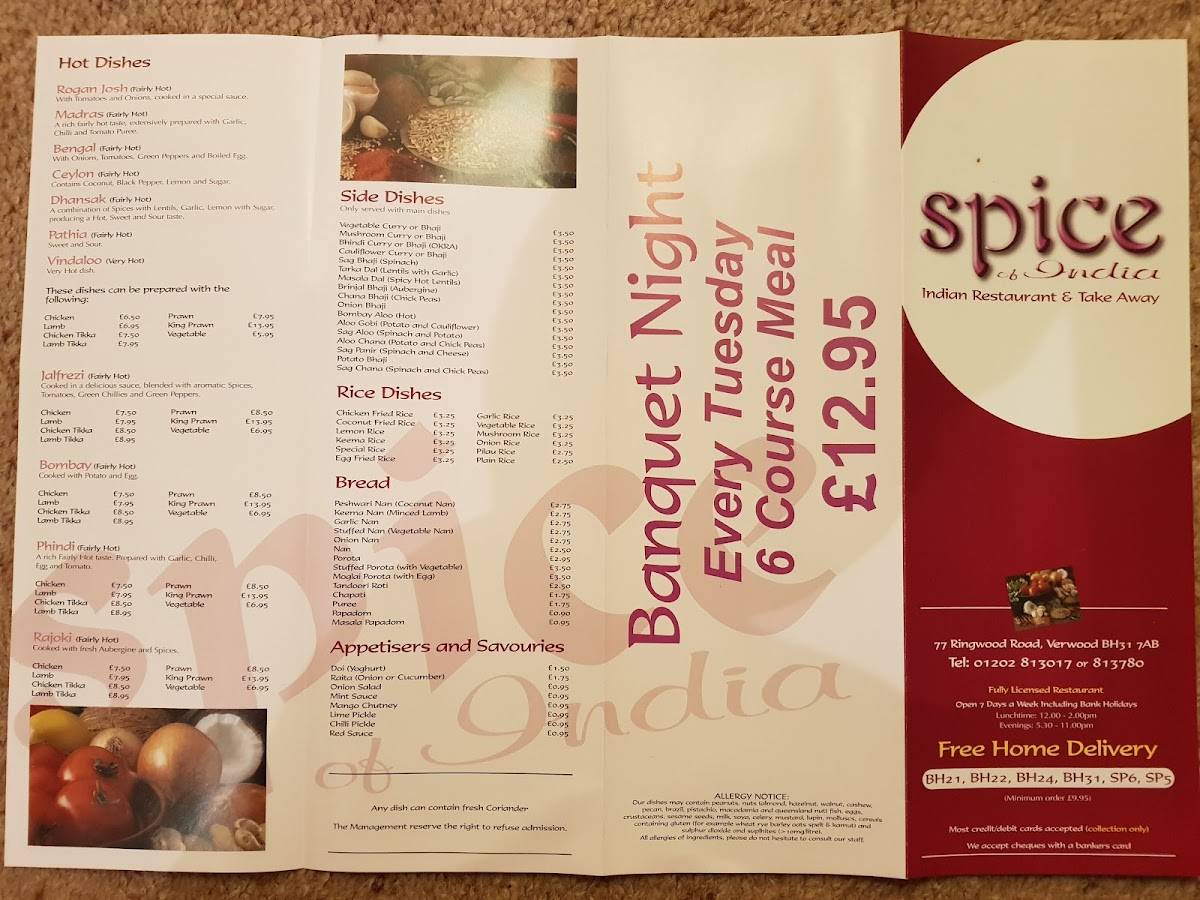 Menu at Spice Of India restaurant, Verwood