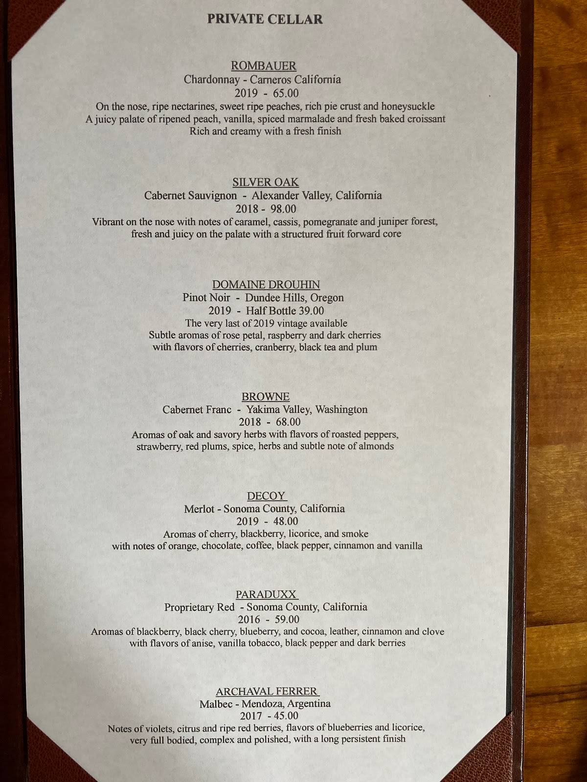 Menu at Spinner's steakhouse, Gold Beach
