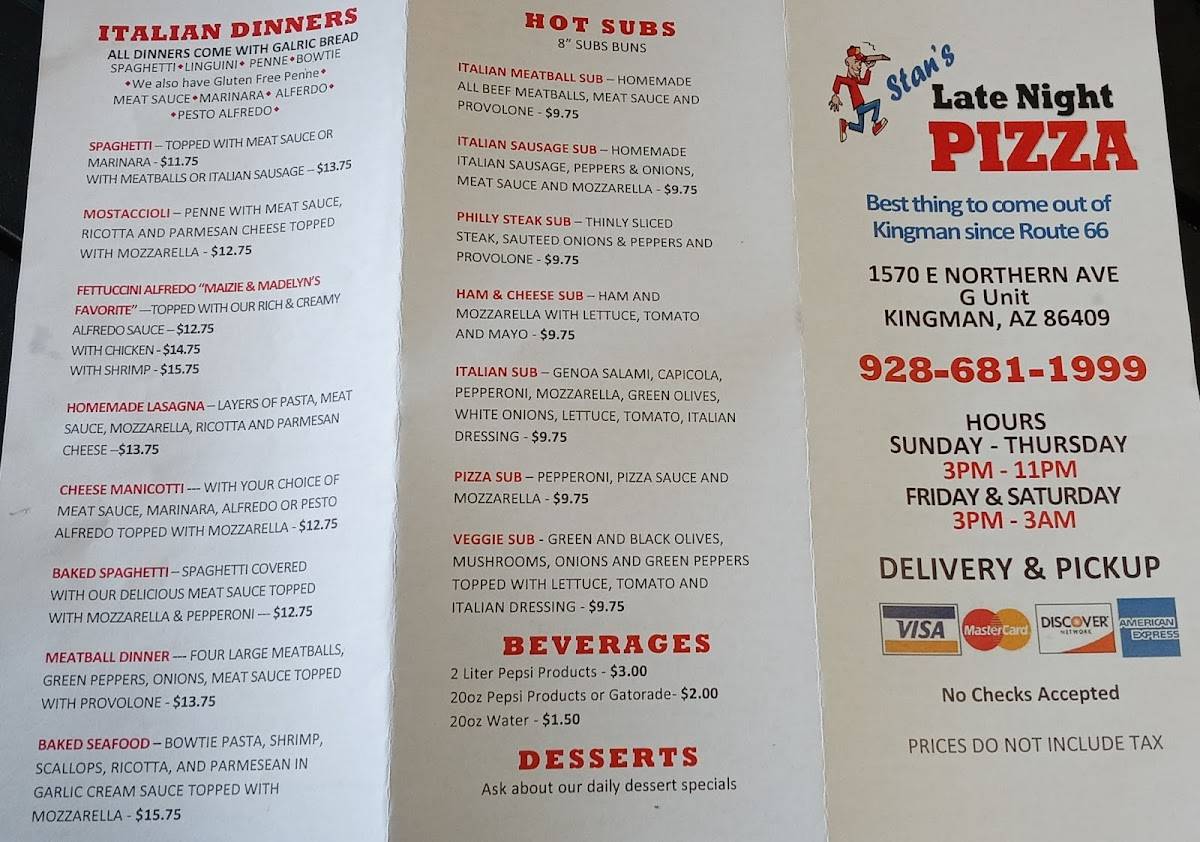 Menu at Stan's Late Night Pizza pizzeria, Kingman
