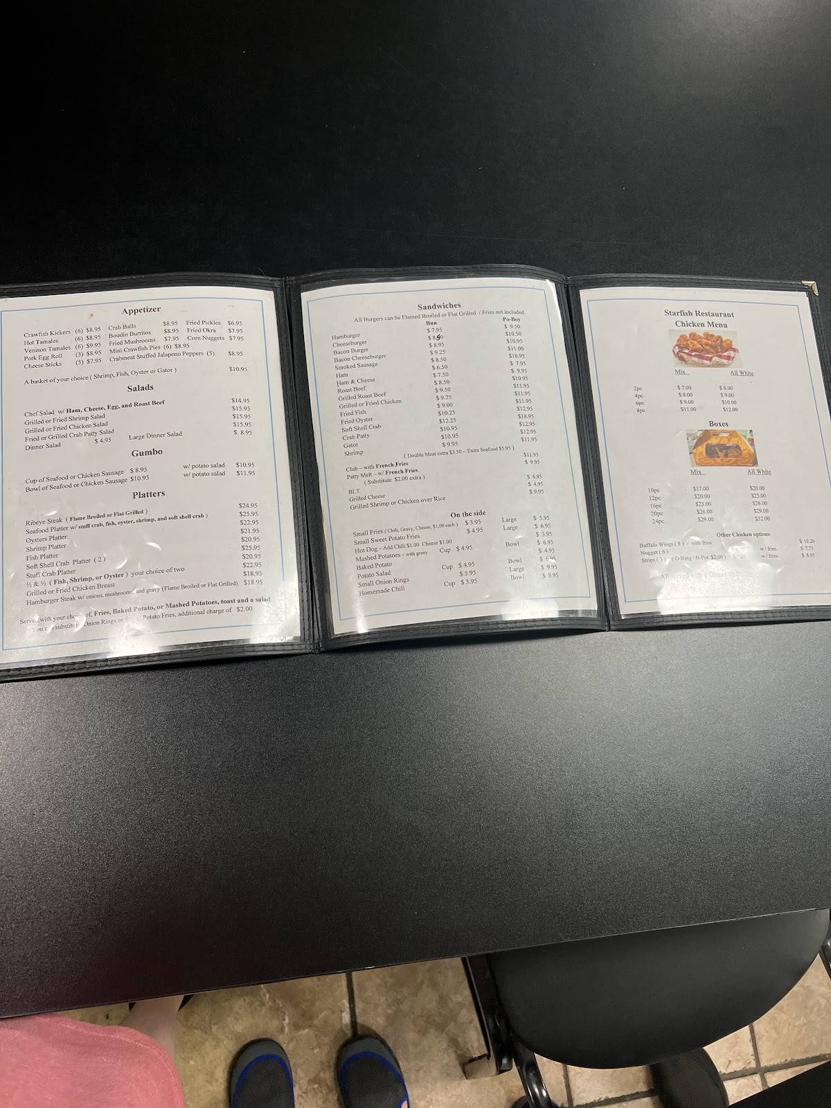 Menu at Starfish Restaurant, Grand Isle