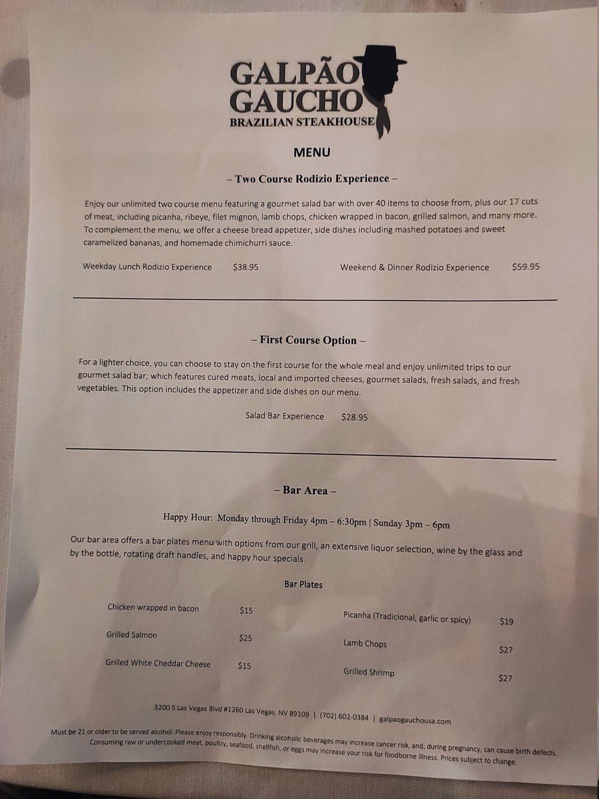 Menu at Galpão Gaucho Brazilian Steakhouse, Las Vegas