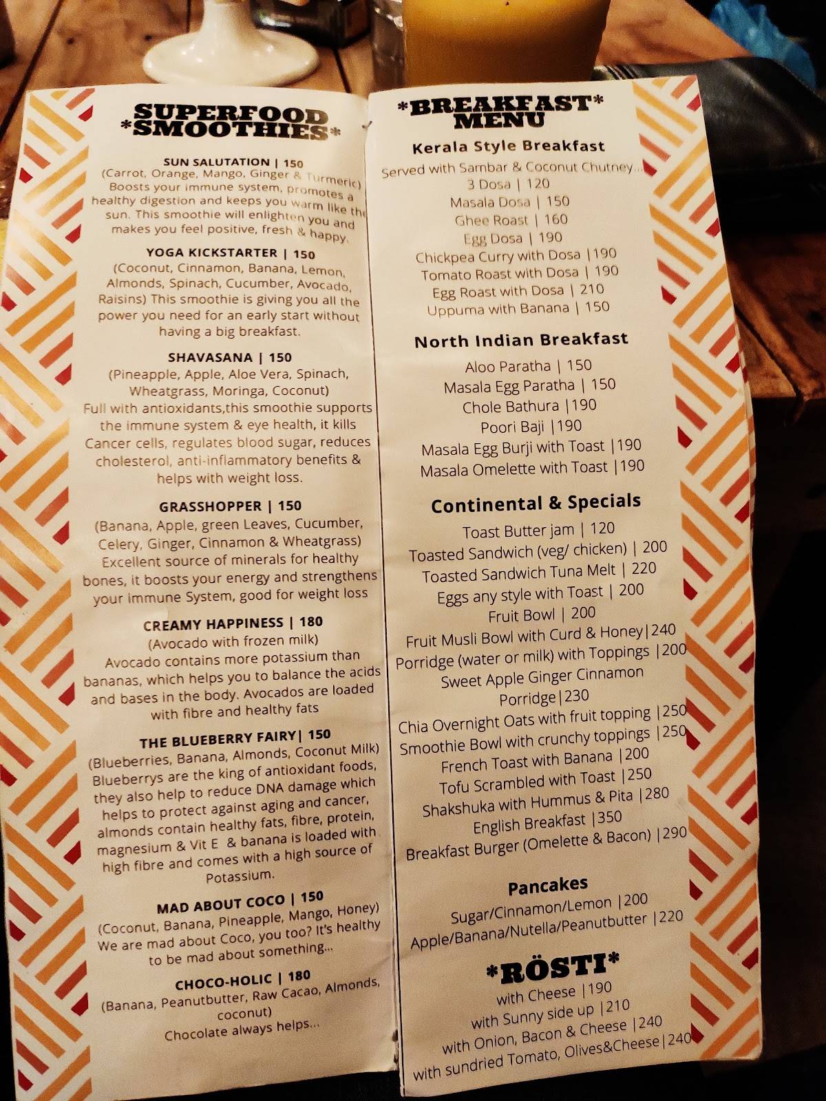 Menu at Sun Francisco, Varkala