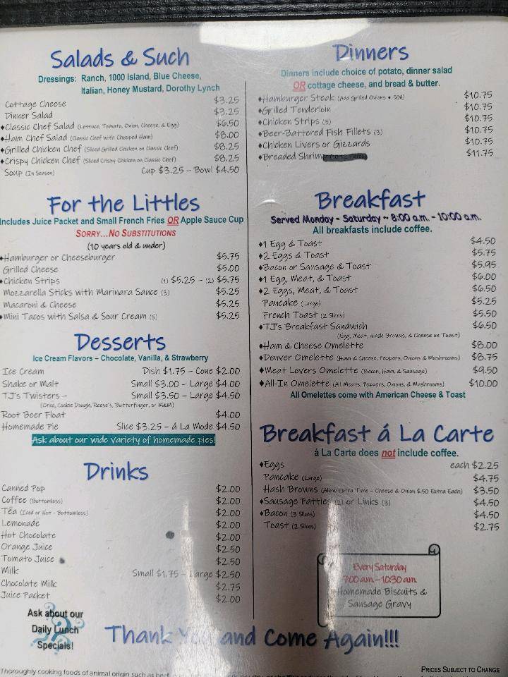 Menu at T J's Cafe, Villisca
