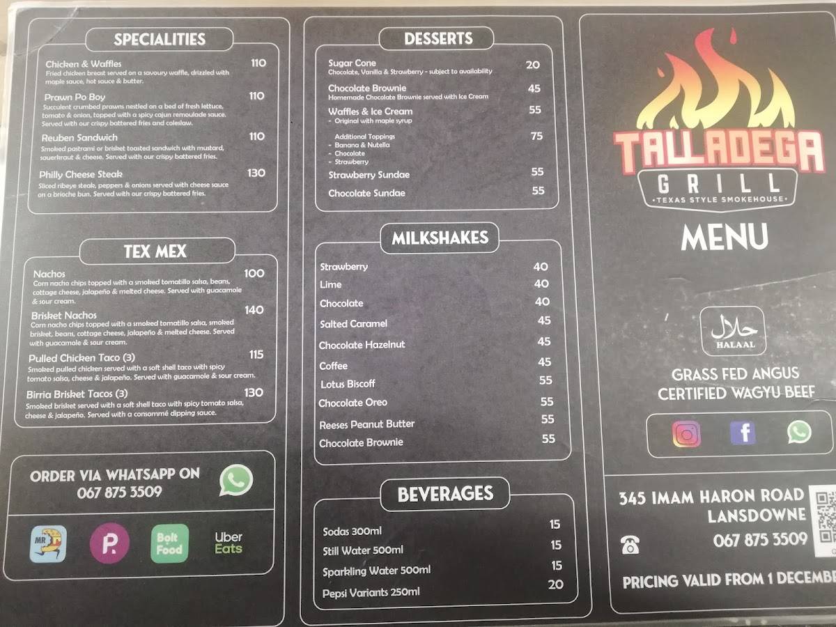 Menu at Talladega Grill restaurant, Cape Town