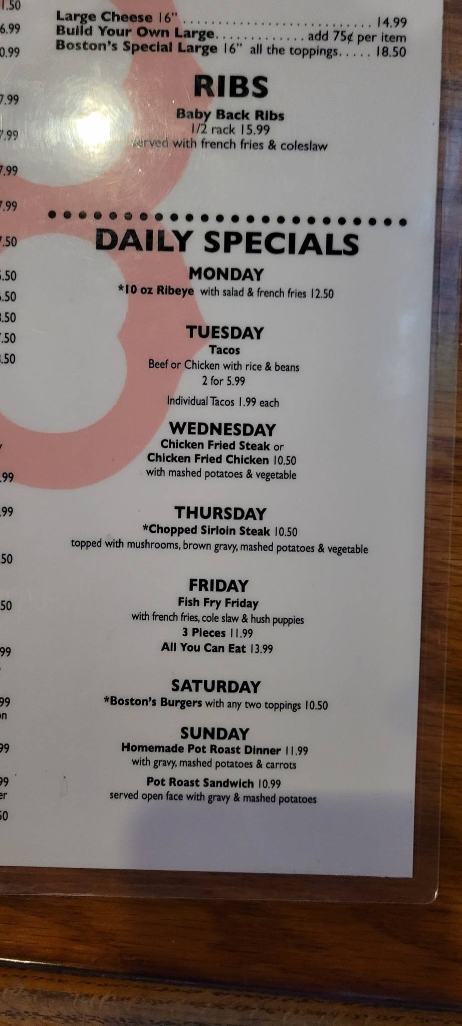 Menu at Boston's Bar & Grille, Tempe