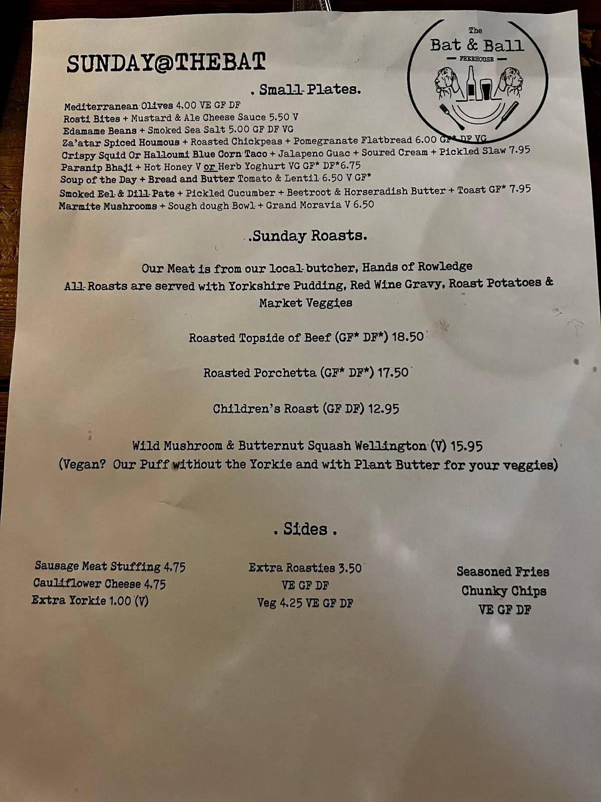 Menu at The Bat & Ball Freehouse pub & bar, Farnham