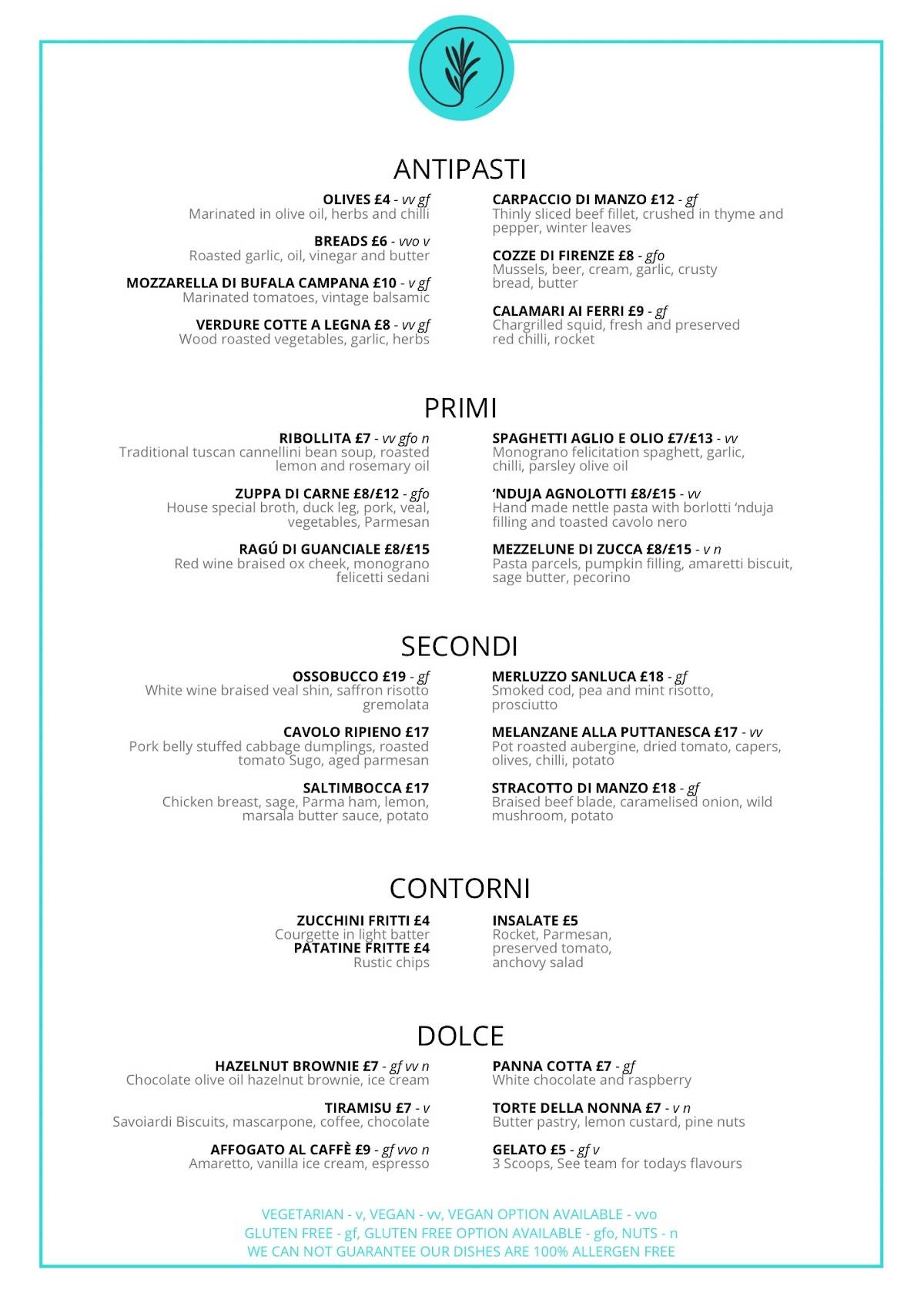 Menu at The Carpenters Arms Italian Kitchen restaurant, New Ollerton