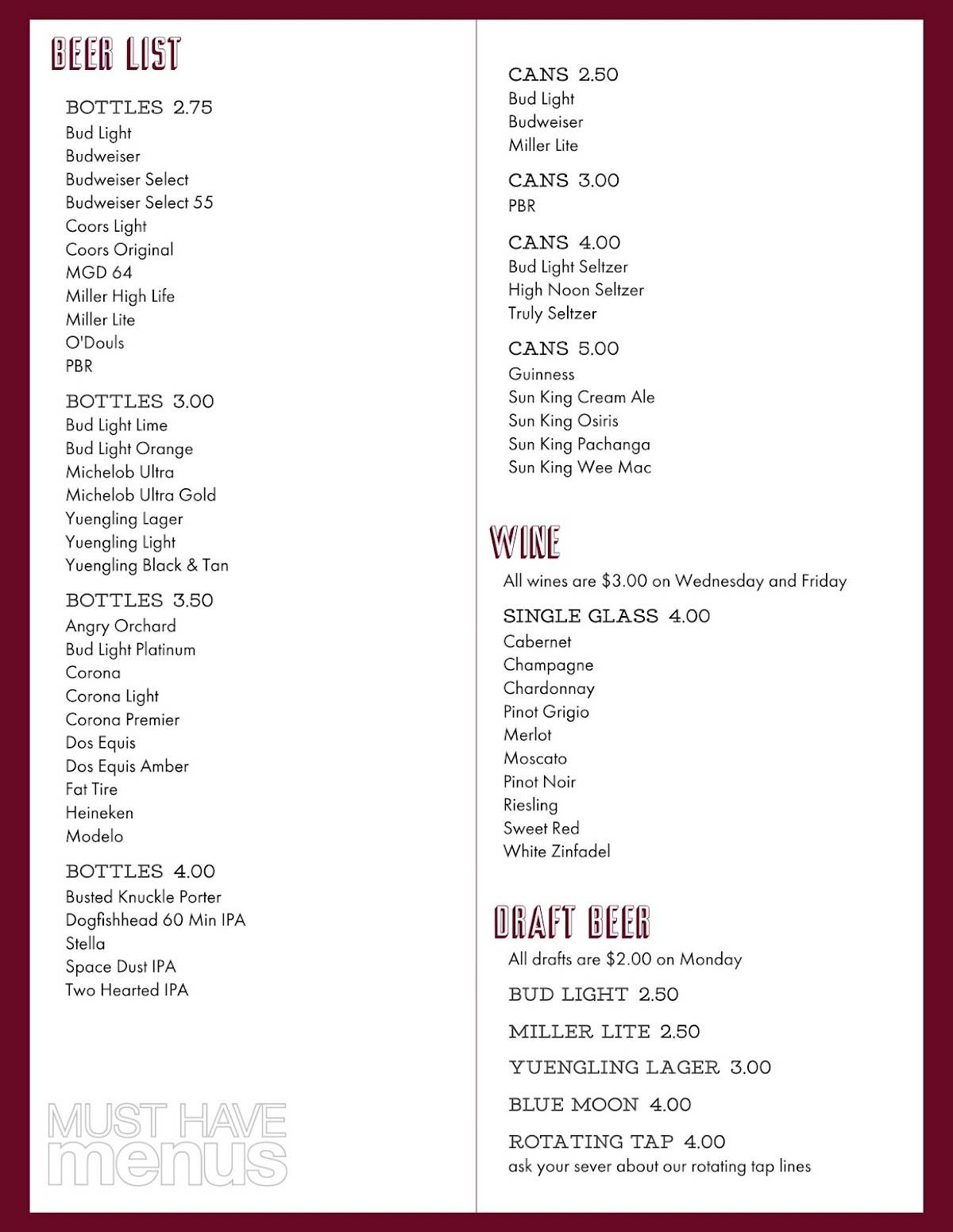 Menu at The Corner Bar, Indianapolis