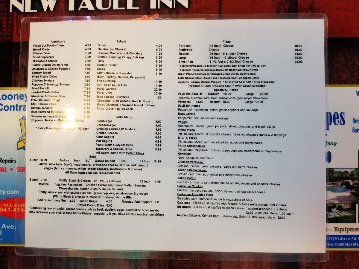 Menu at The New Faull Inn pizzeria, Englewood