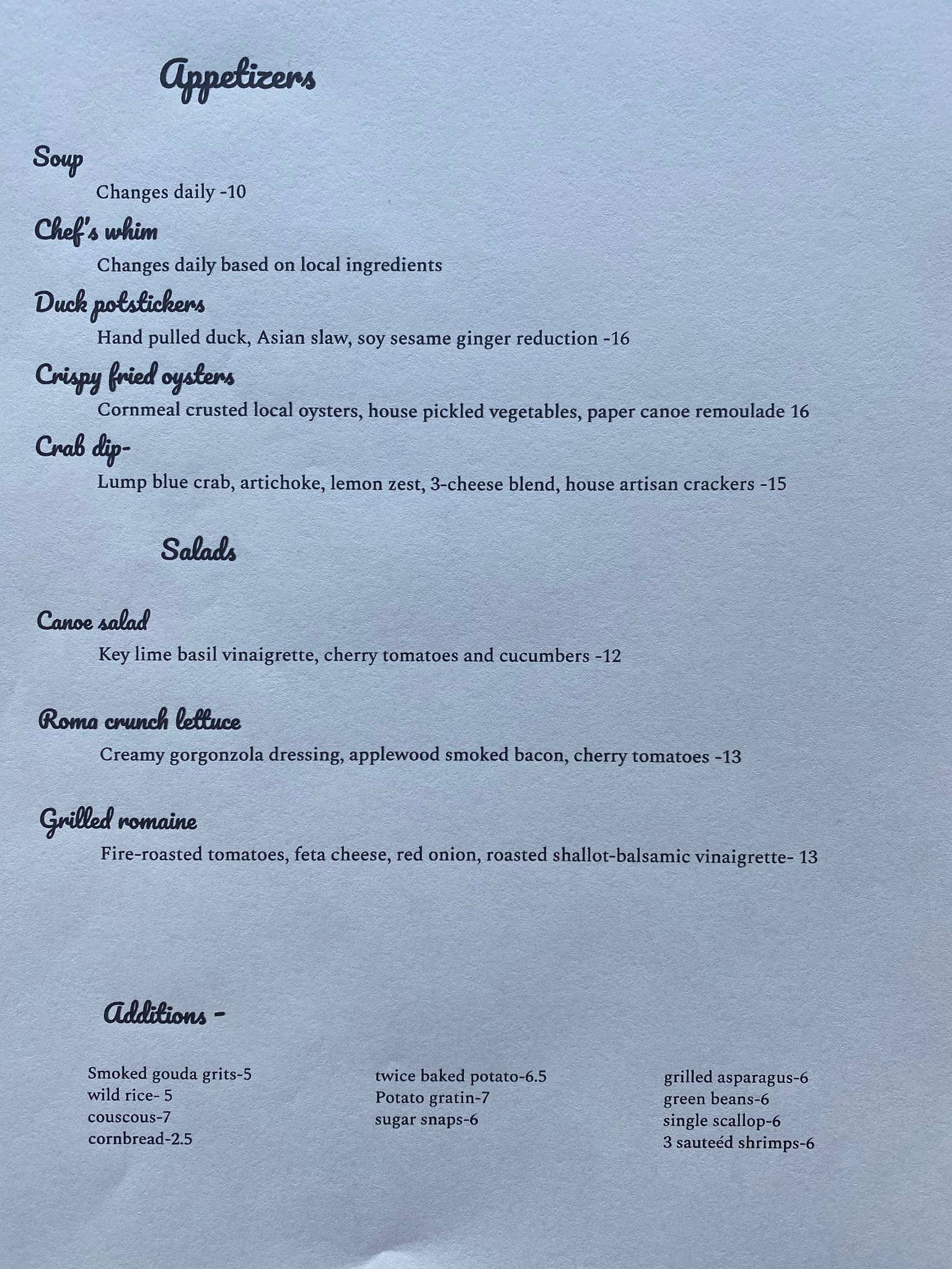 Menu at The Paper Canoe restaurant, Duck