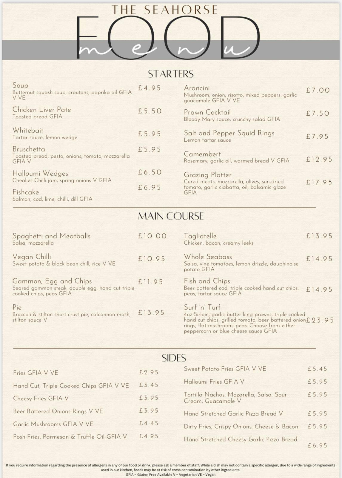 Menu at The Seahorse Pub, Gosport