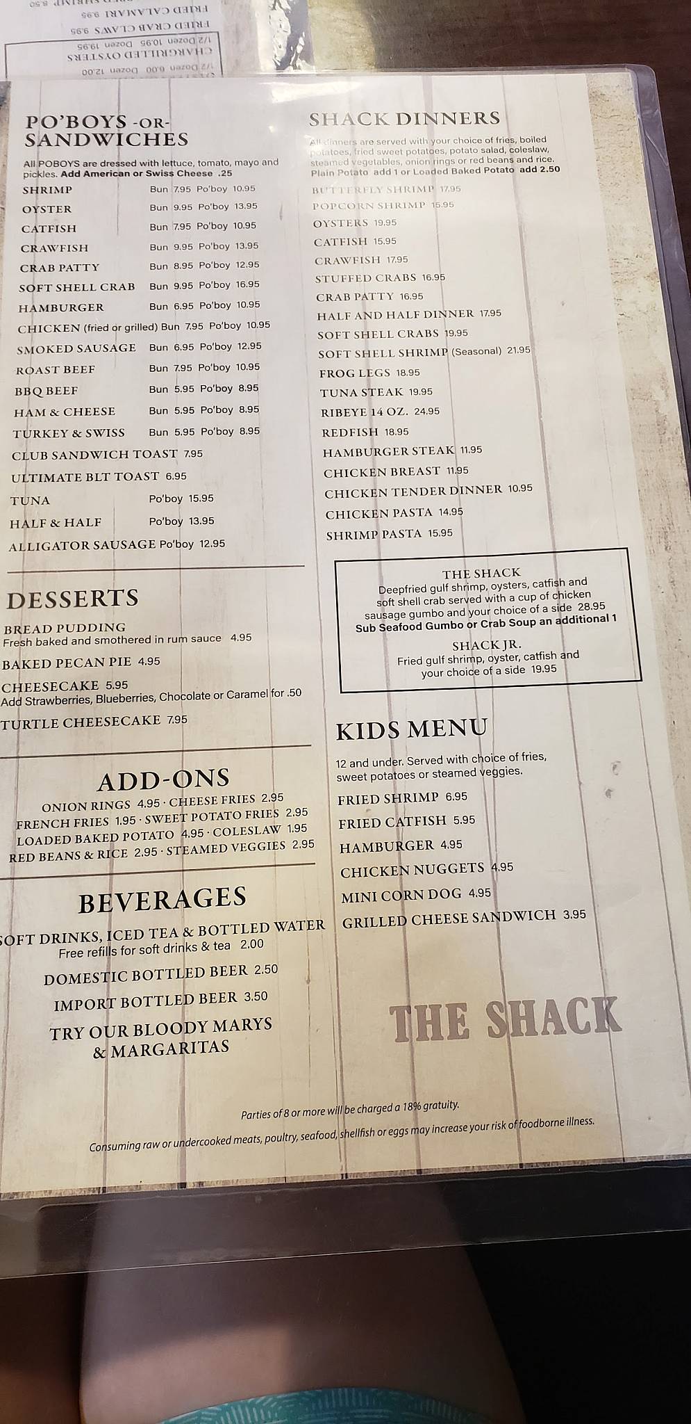 Menu at The Shack restaurant, Houma