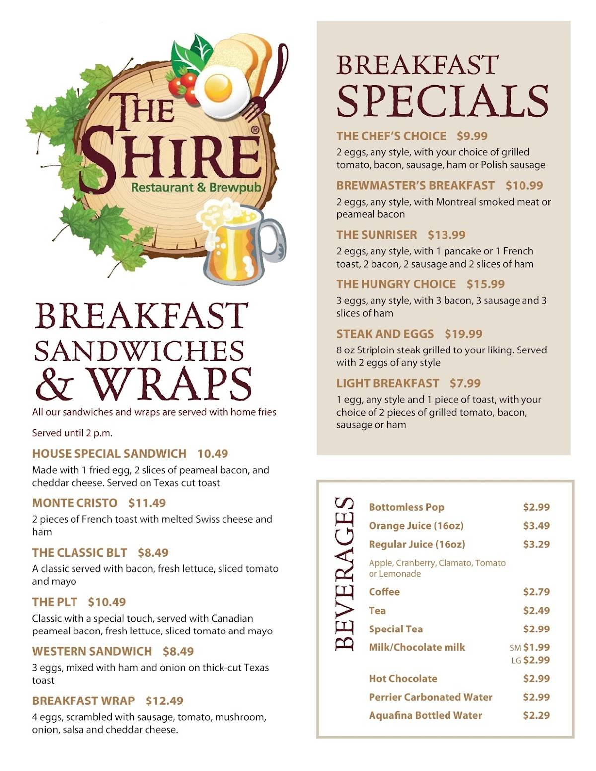 Menu at The Shire pub & bar, Simcoe