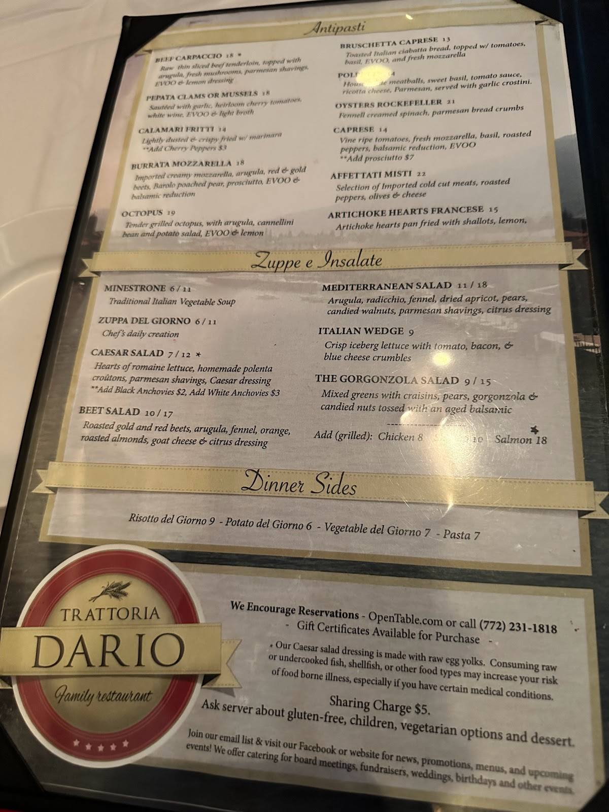Menu at Trattoria Dario restaurant, Vero Beach