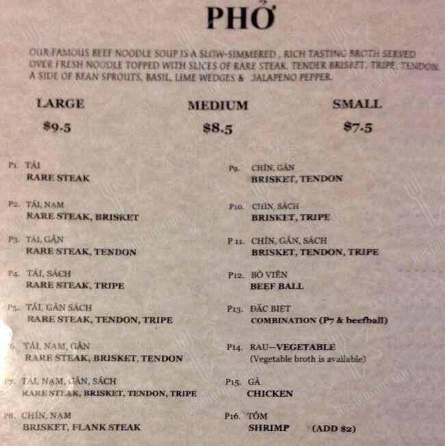 Vina Pho & Grill menu