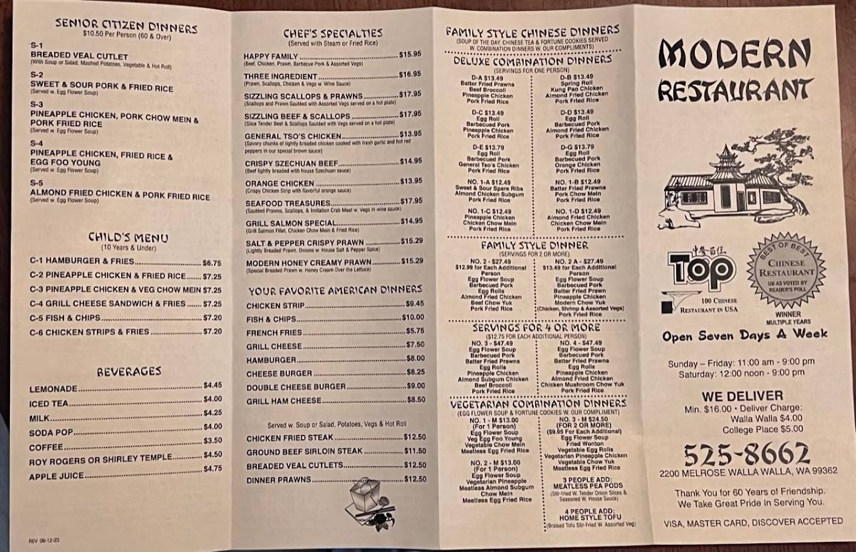 Menu at Modern Restaurant, Walla Walla