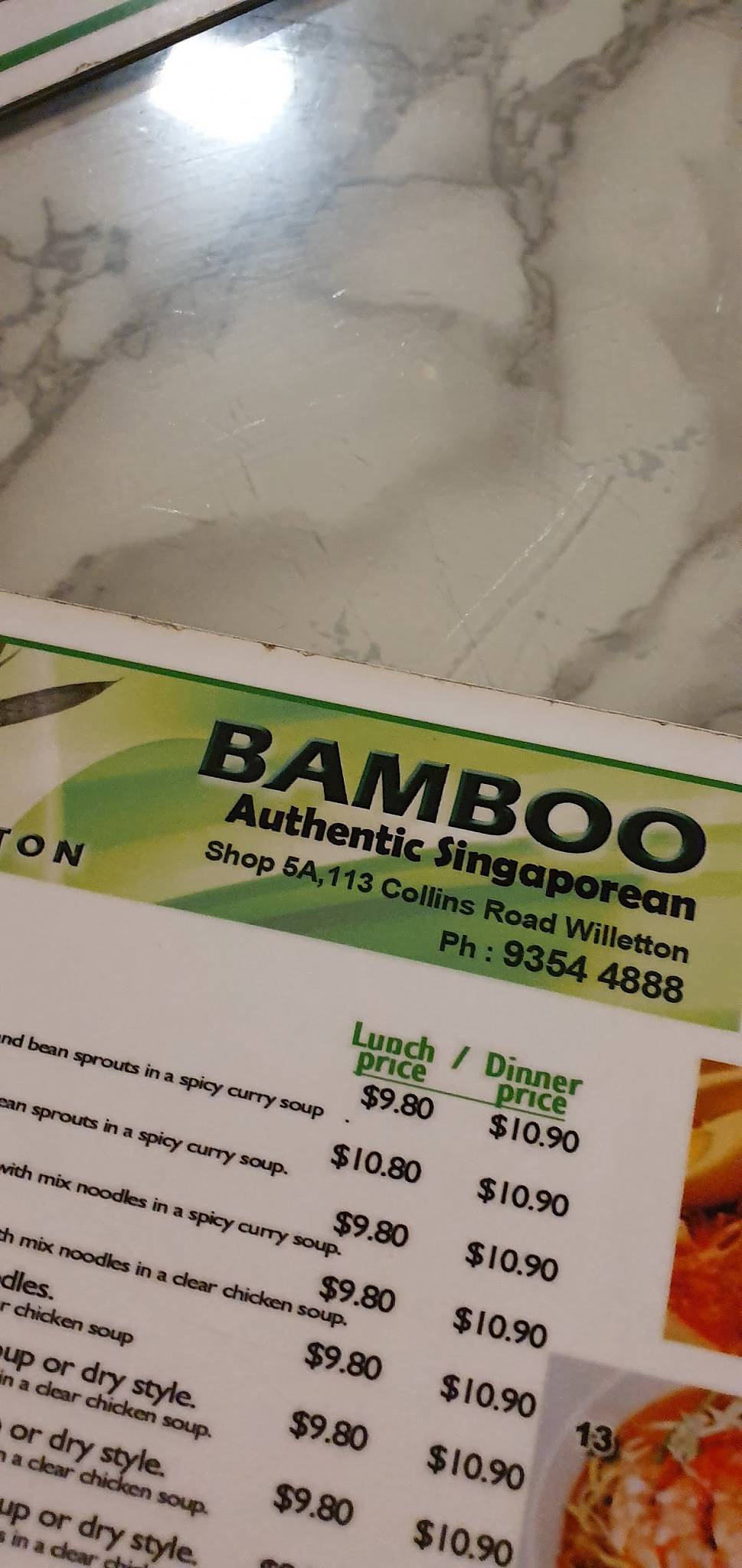 Menu at Bamboo Authentic Singaporean fast food, Willetton