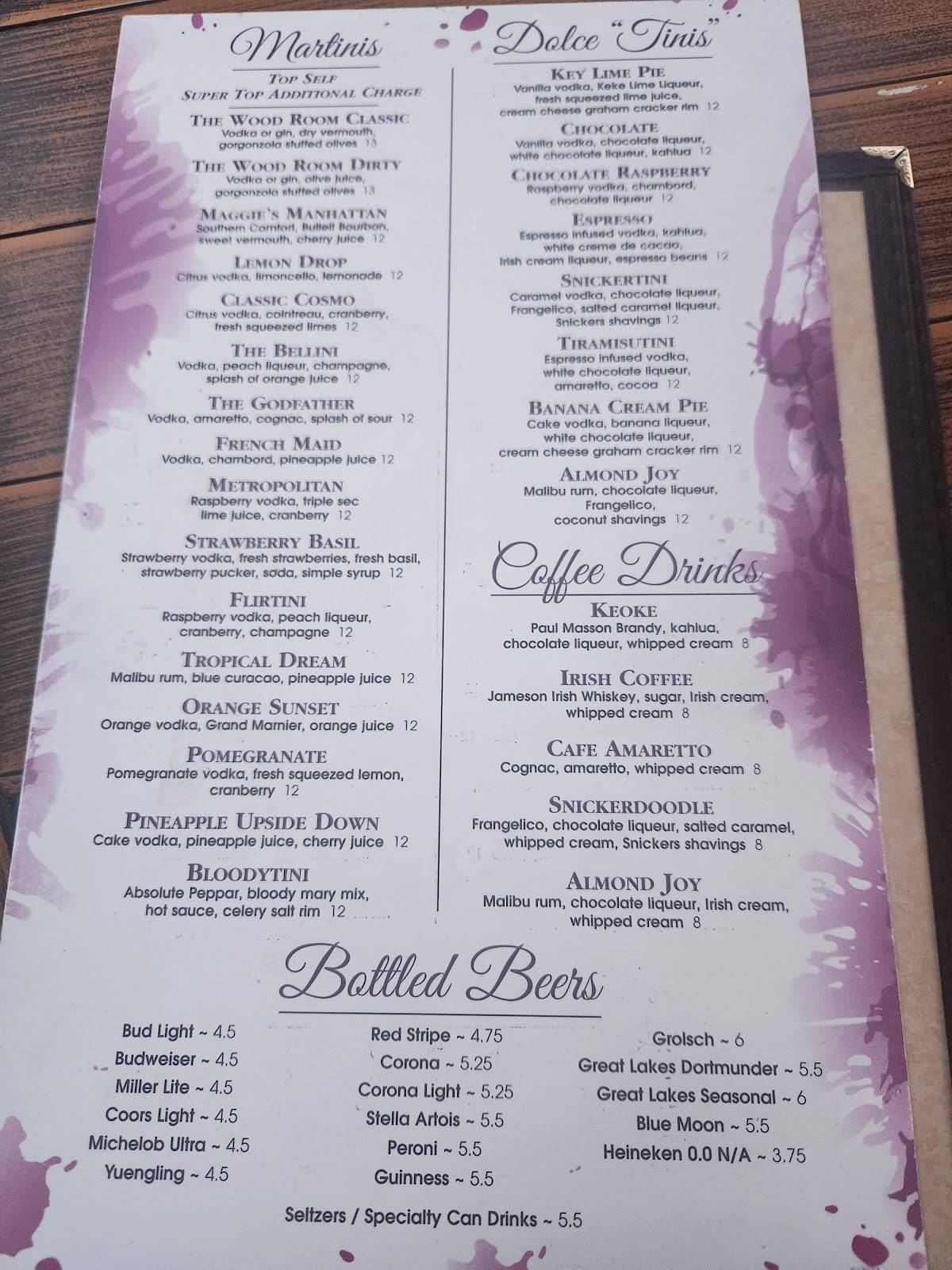 Menu at Wood Room Martini & Wine Bar, Willoughby Hills