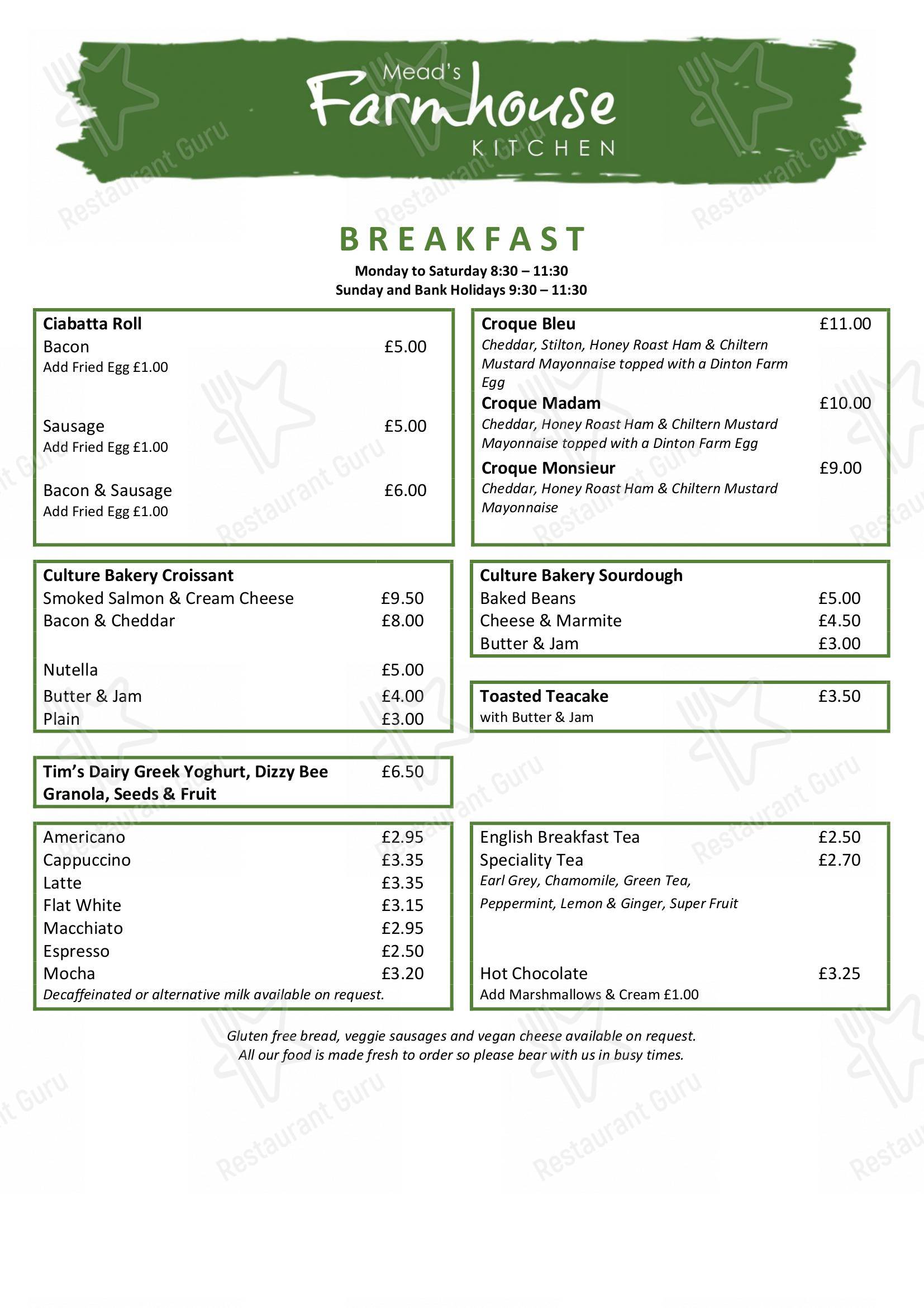 Menu at Mead’s Farmhouse Kitchen restaurant, Tring