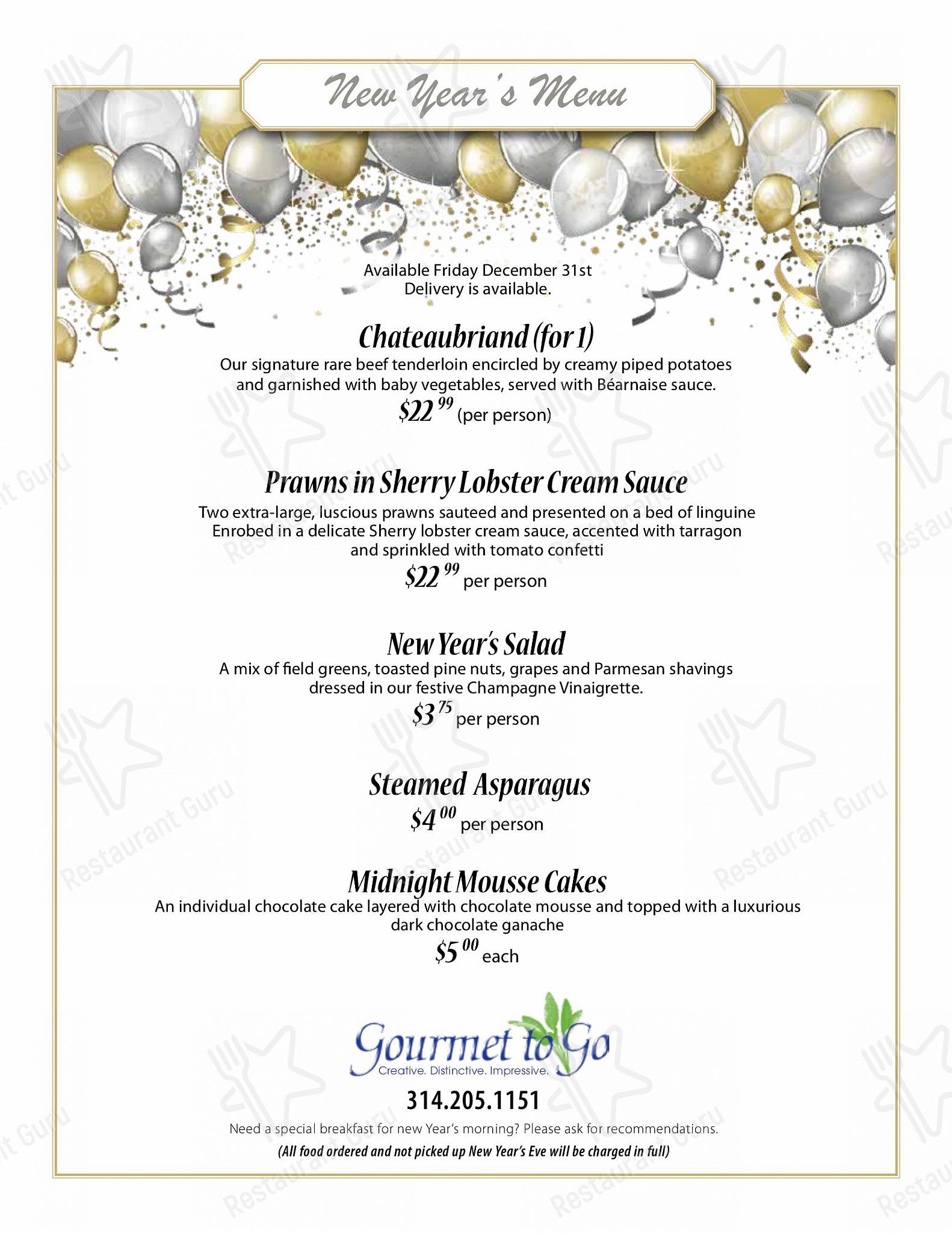 Menu at Gourmet to Go restaurant, Ladue, Clayton Rd