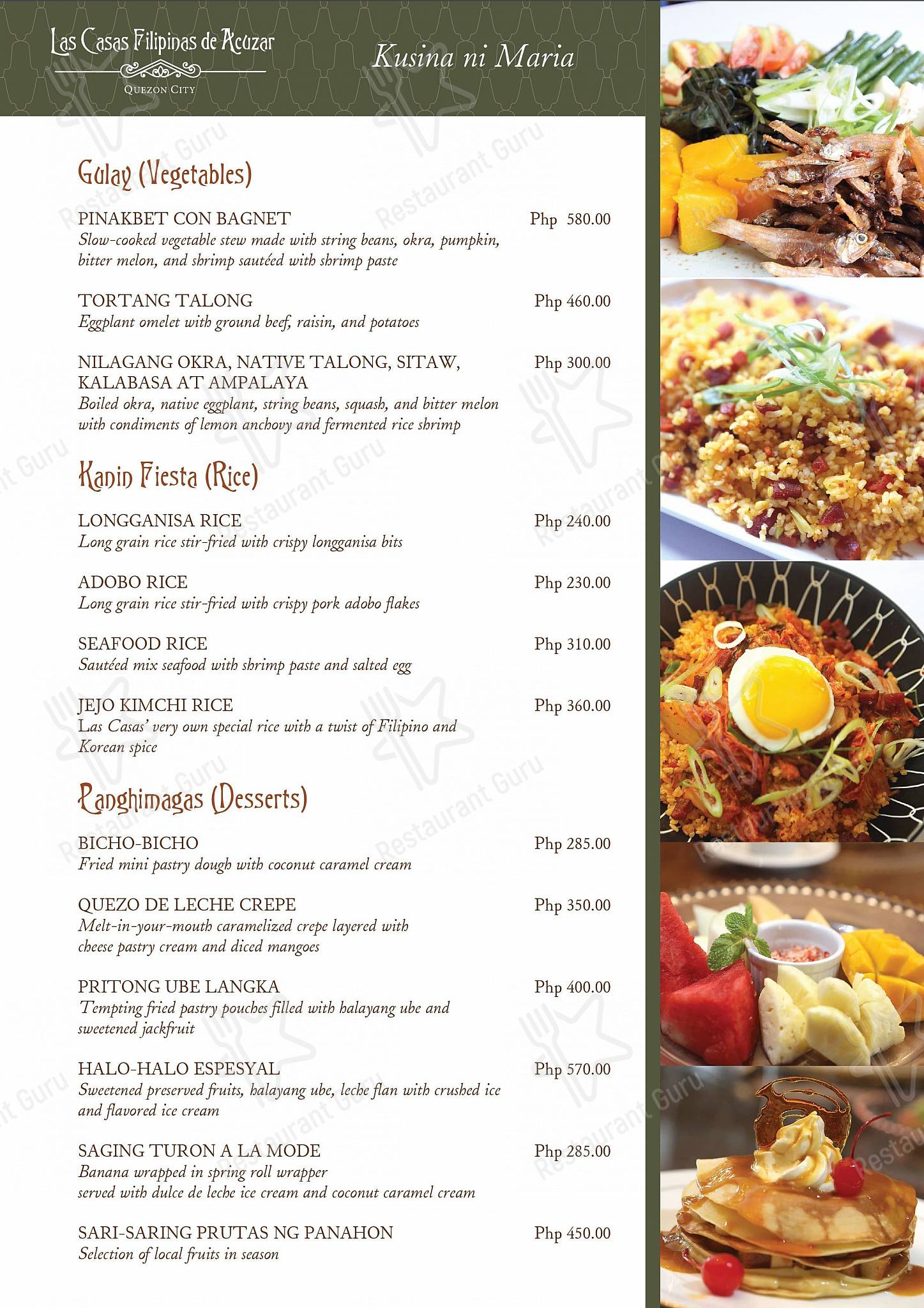 Menu at Las Casas Filipinas de Acuzar Quezon City restaurant, Quezon City