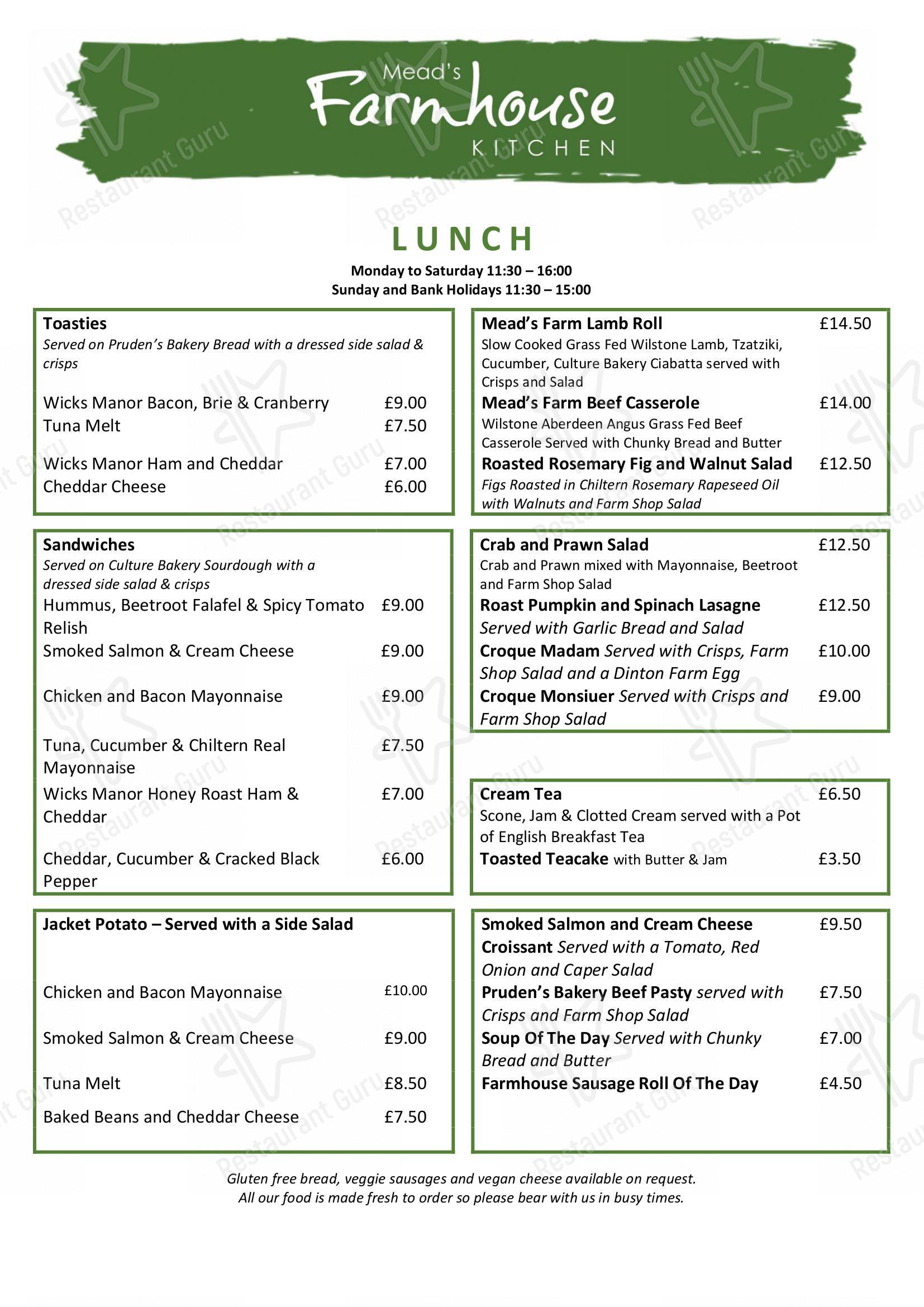 Menu at Mead’s Farmhouse Kitchen restaurant, Tring