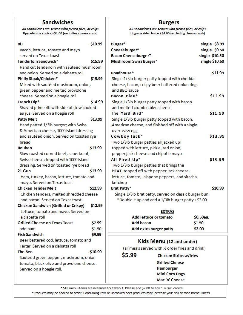 Menu at 21 Gun Roadhouse pub & bar, Green Bay