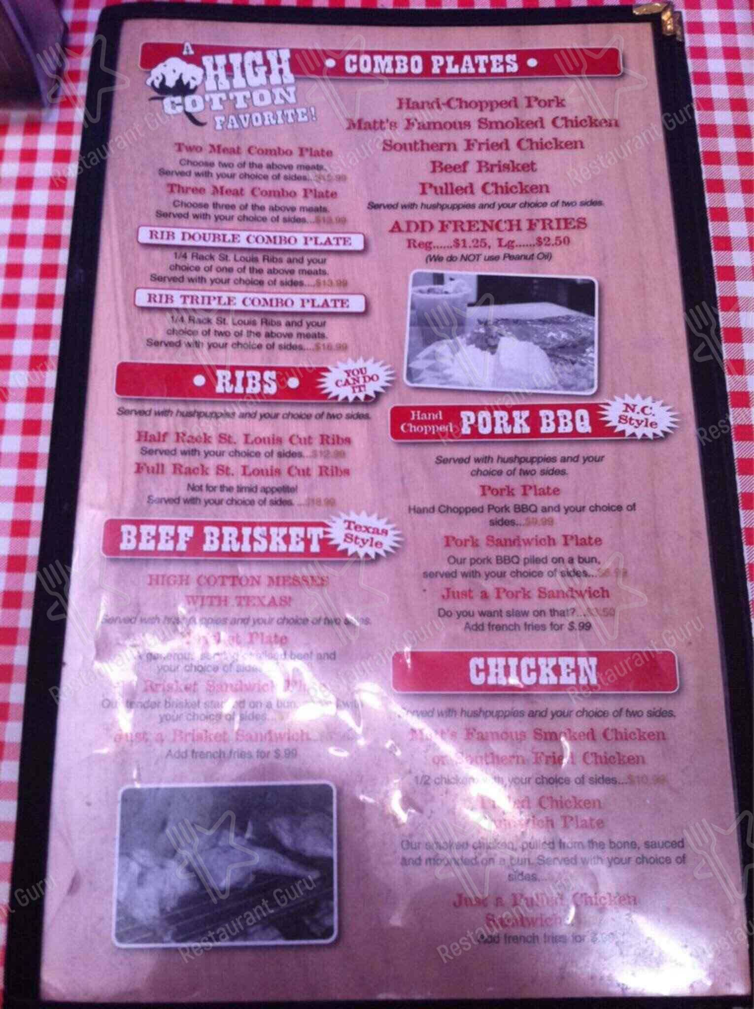 Menu at High Cotton Barbeque, Kitty Hawk