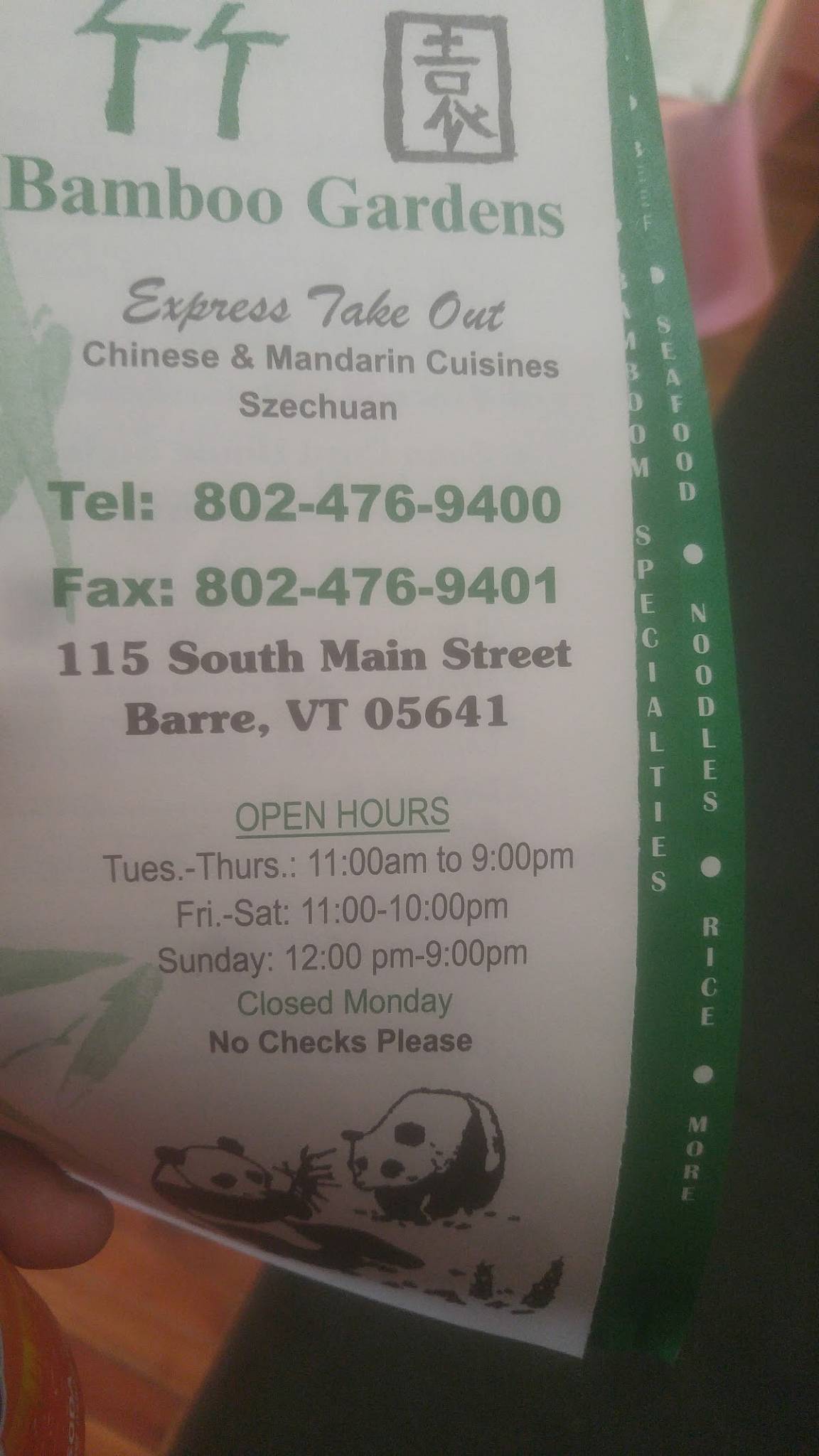 Menu at Bamboo Gardens restaurant, Barre