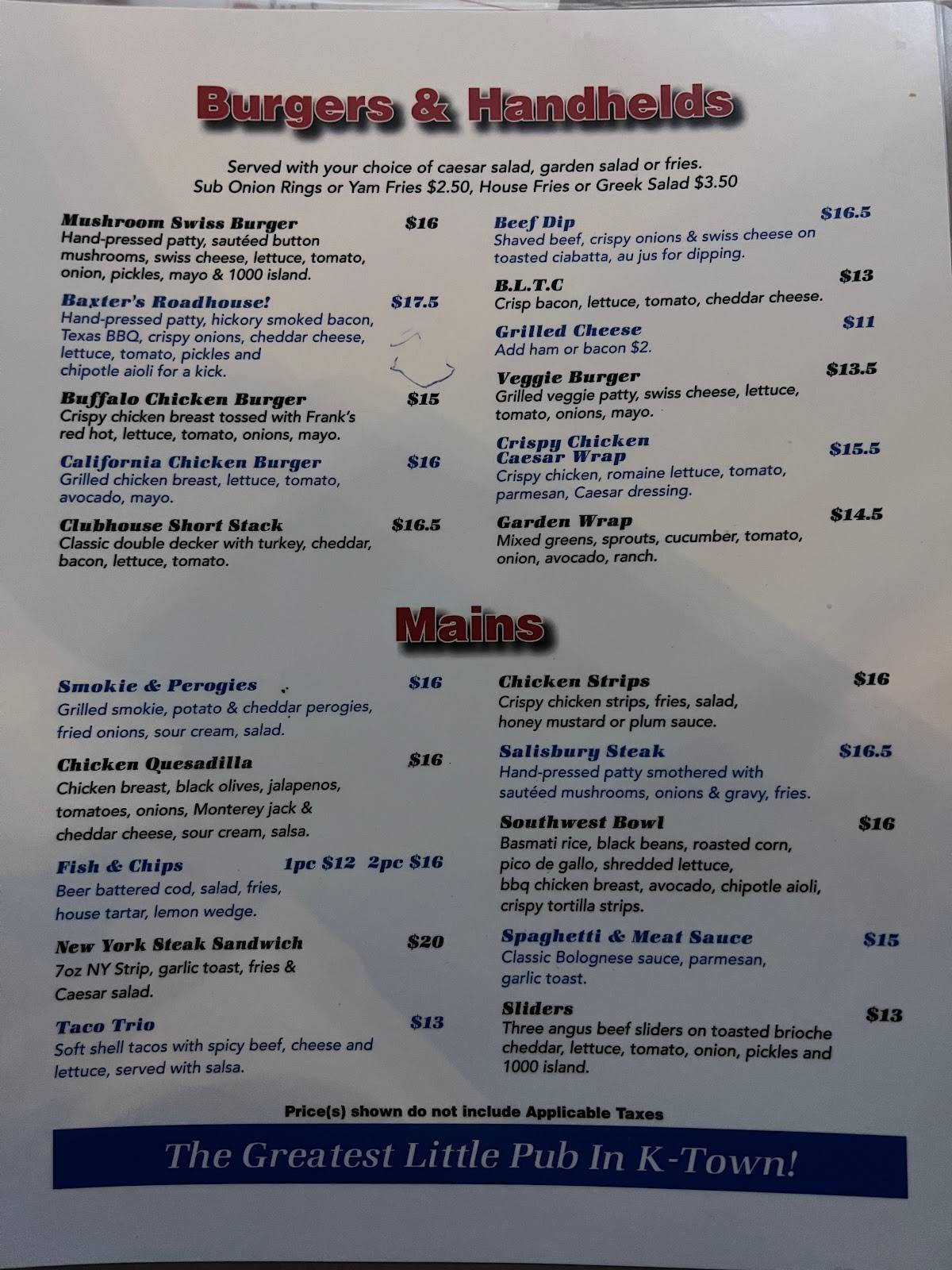 Menu at Baxter's Bar & Grill, Kelowna, Spall Rd