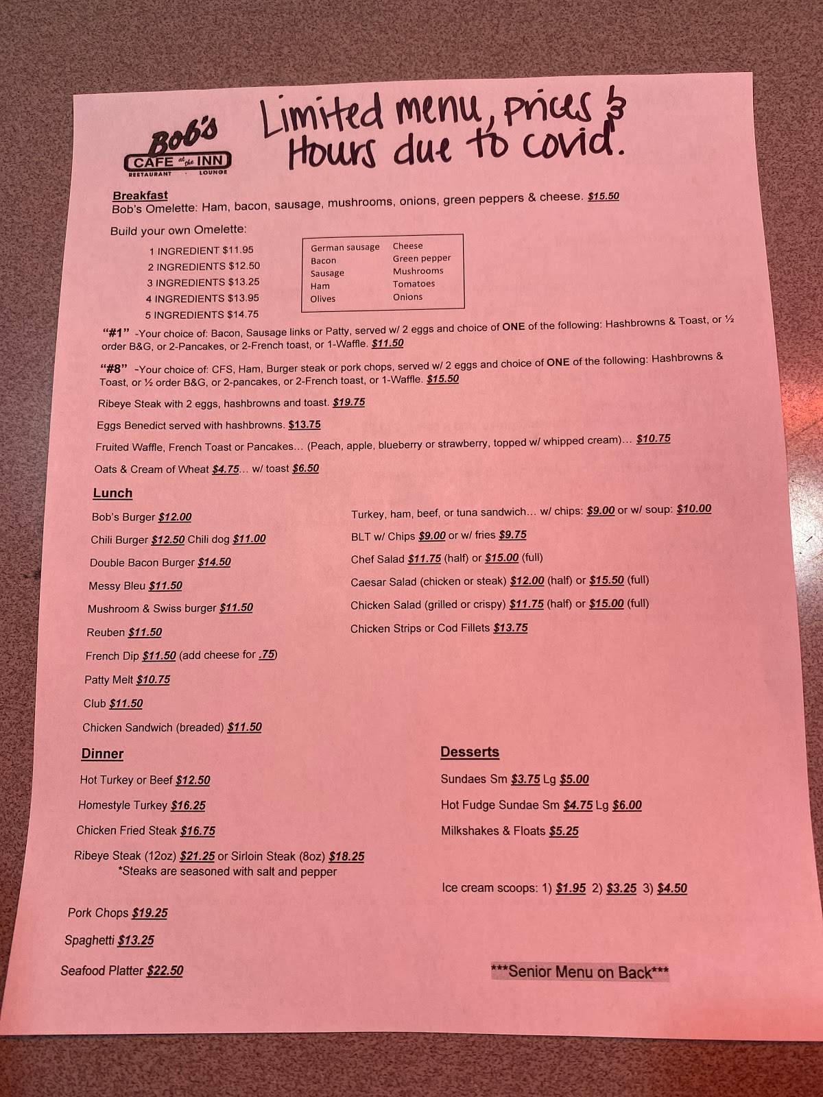 Menu at Bob's Cafe, Moses Lake