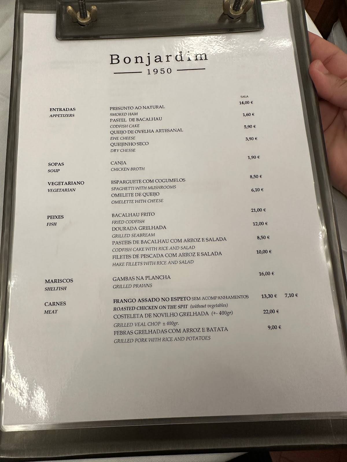 Menu at Bonjardim restaurant, Lisbon, Tv. de Santo Antão 11