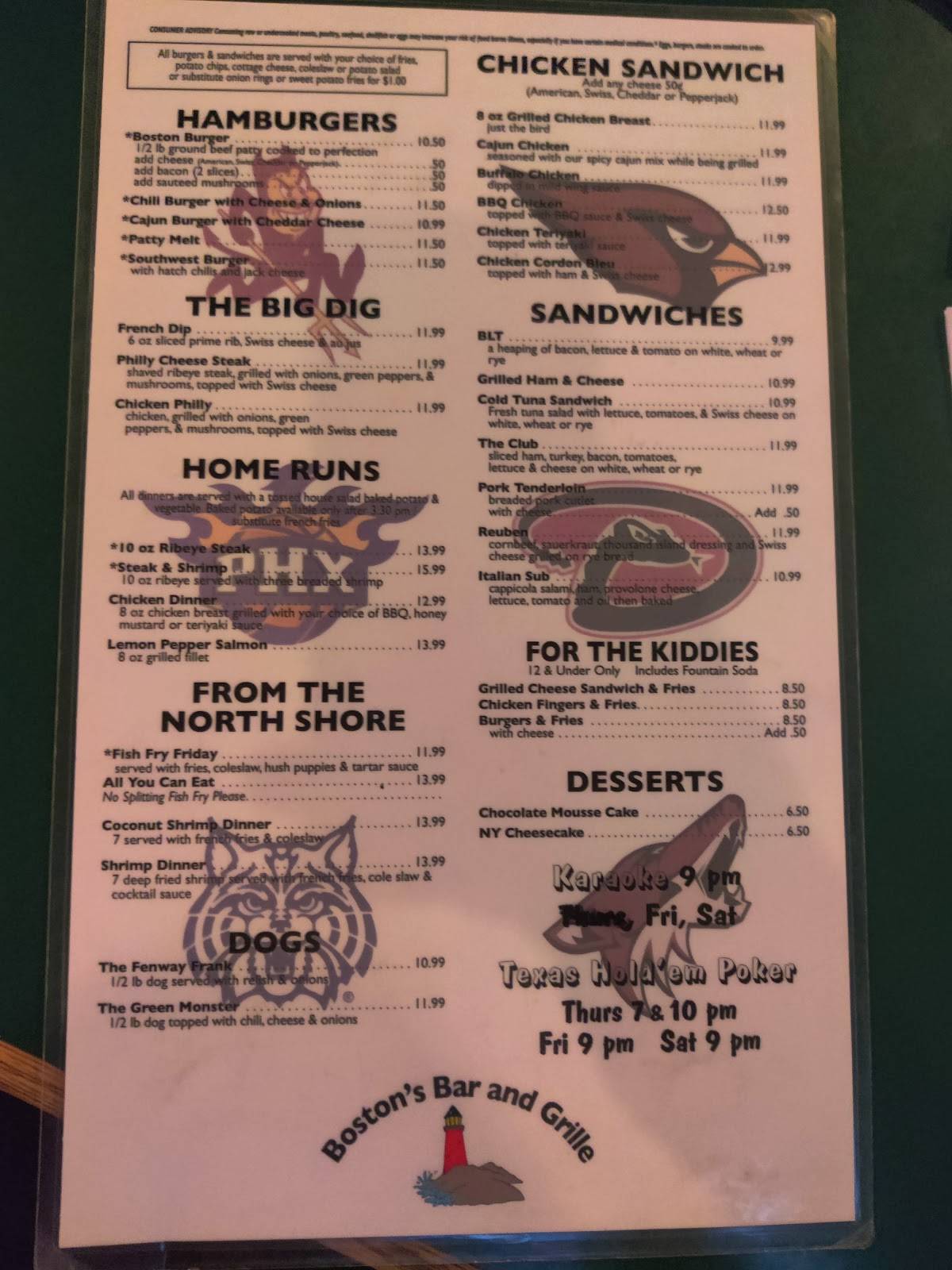 Menu at Boston's Bar & Grille, Tempe