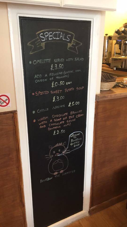 Menu at Bourbons Coffee Shop, Sutton