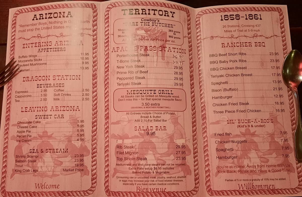 Menu at Butterfield Stage Co. Steak House steakhouse, Holbrook
