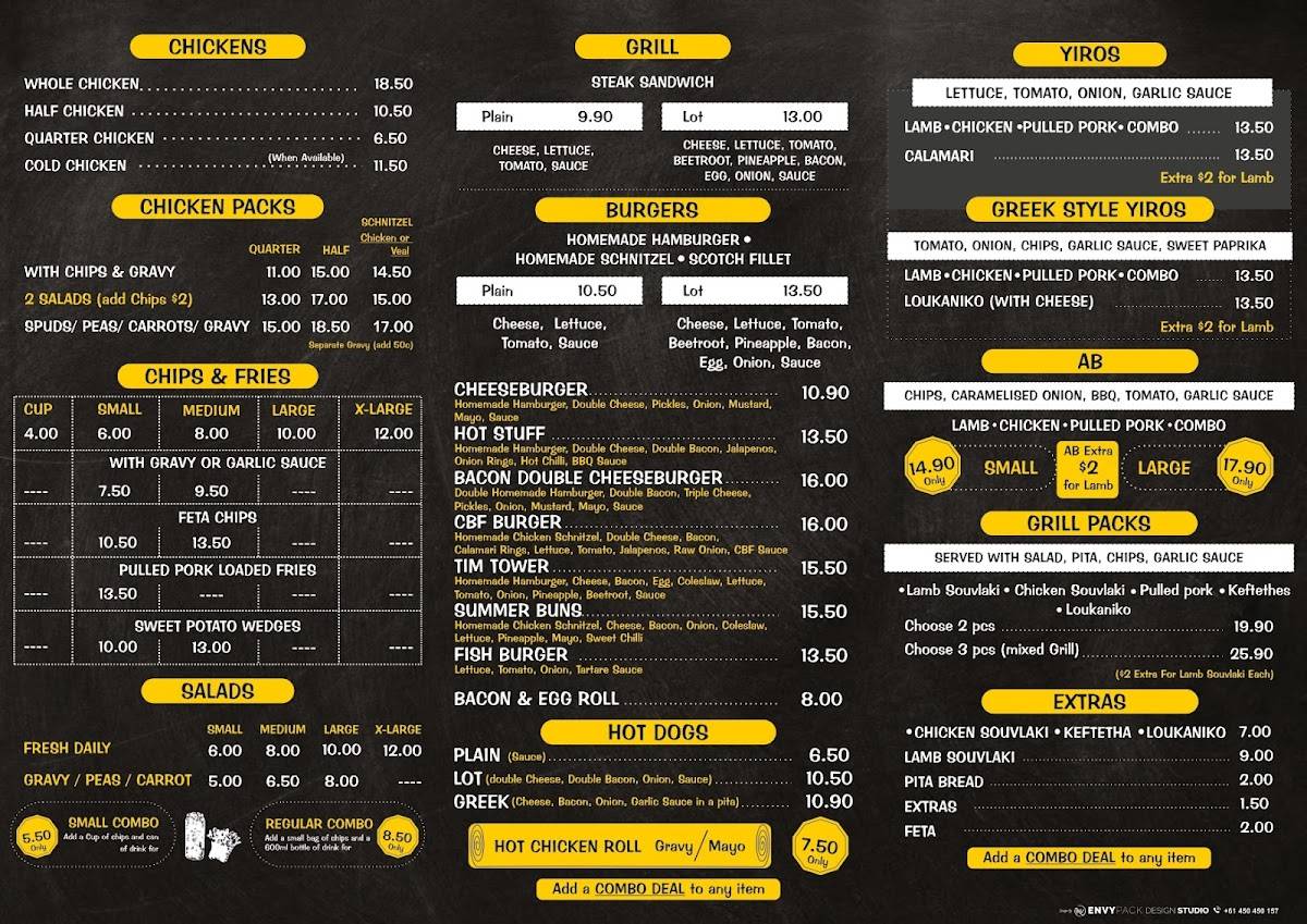 Menu at CBF Chickens Burgers Fish Takeaway fast food, Brompton