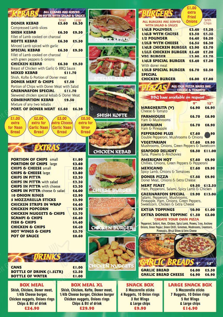 Menu at Caernarfon Kebab, Burger & Pizza House pizzeria, Caernarfon